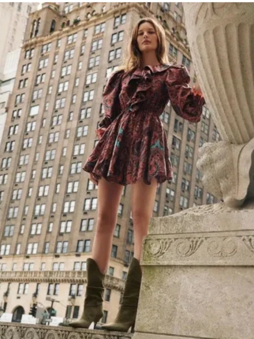 ULLA JOHNSON Caris Mini Dress Ruffle Puff Shoulder Carmine Batik Printed size 0